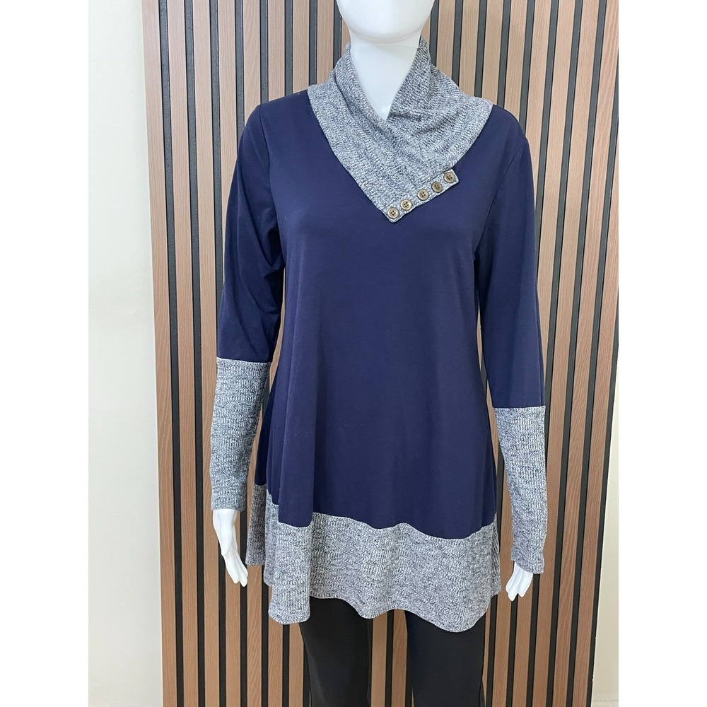 Gaharu Women's L Blue Blouse‎ Polyester Blend Tunic Stretch Cozy Chic Minimalist